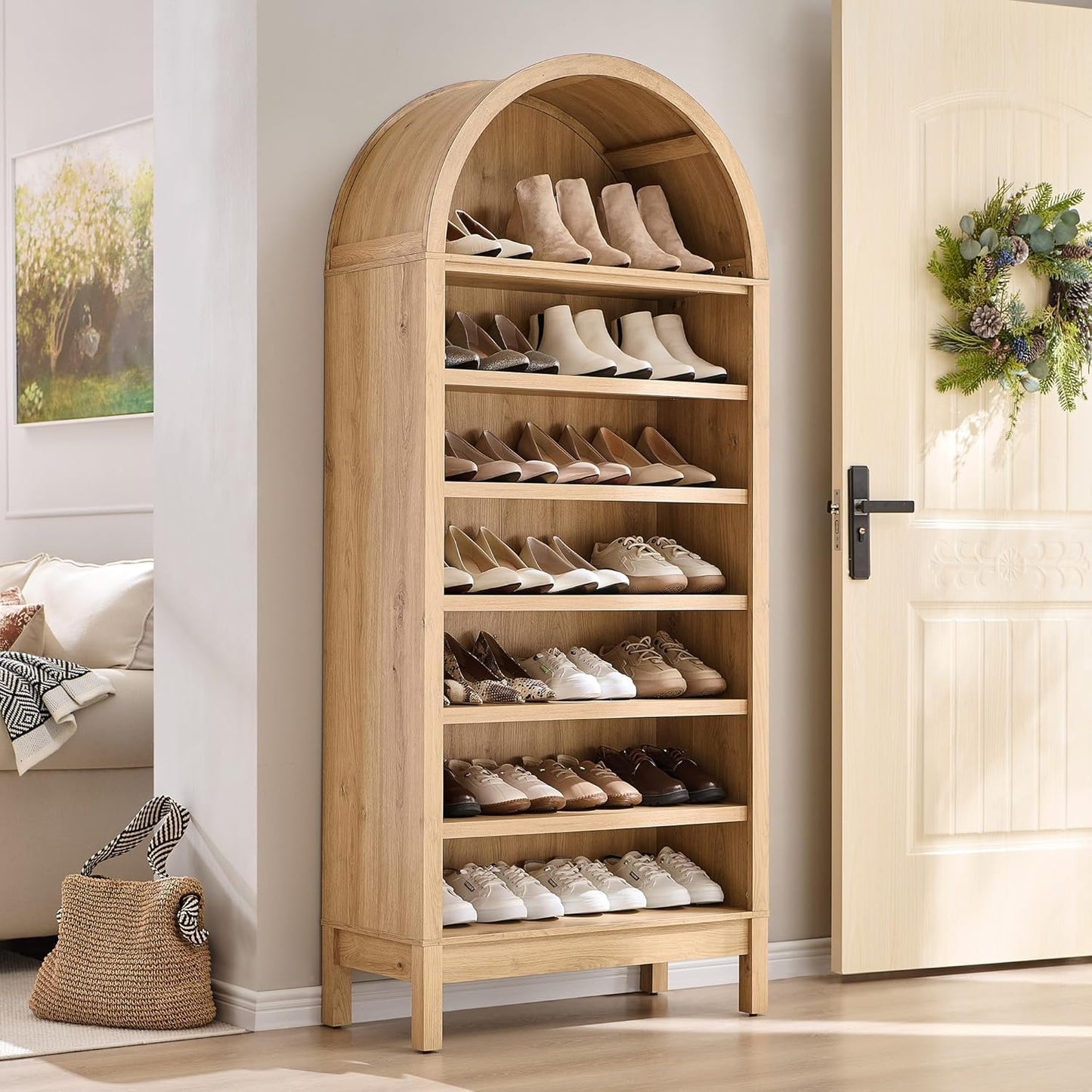 71" Tall Farmhouse Arched Display Cabinet with Adjustable Shelves, 7 Tier Arched Bathroom Storage Cabinet Bookshelf Bookcase Food Pantry Shoe Closet Shelf Organizer for Living Room Entryway Hallway