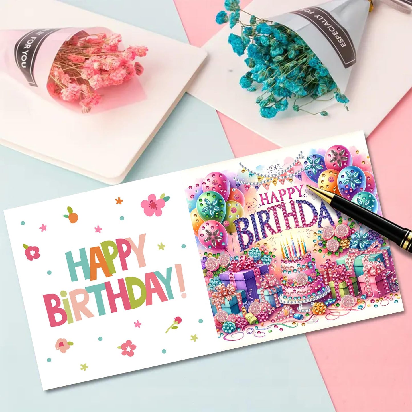 DIY Diamond Greeting Cards Set, 5D DIY Diamond Art Painting Festival Style Greeting Card, DIY Christmas Card Making Kits for Family Friends Handmade Gift-#28-Birthday