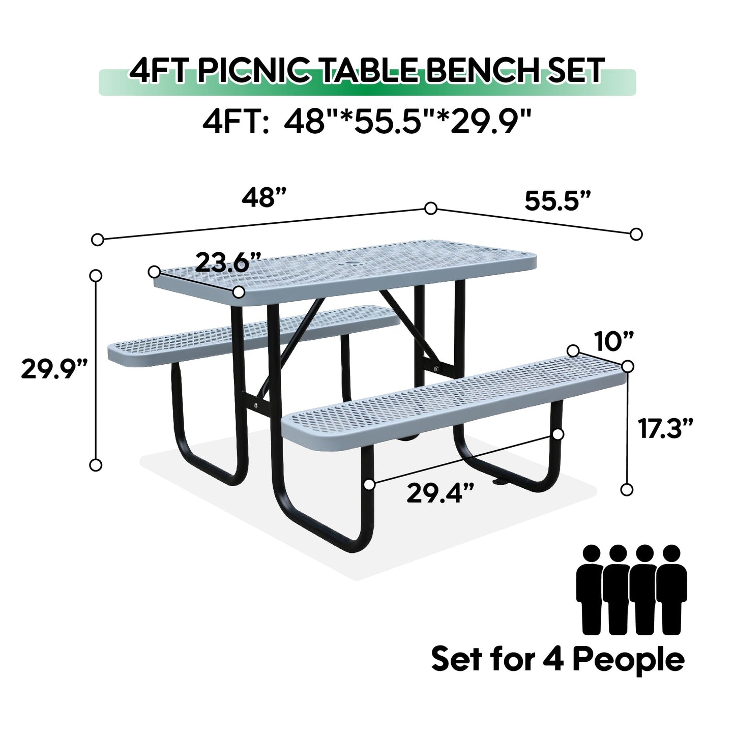 4FT Metal Picnic Tables for Outdoors, Commercial Rectangular Picnic Table and Bench Set for Outside, Patio, Garden, Backyard, Porch, Surface Mount, Grey