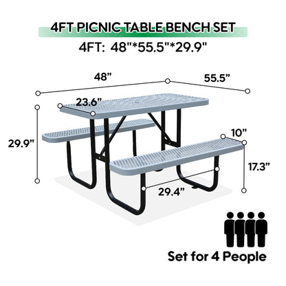 4FT Metal Picnic Tables for Outdoors, Commercial Rectangular Picnic Table and Bench Set for Outside, Patio, Garden, Backyard, Porch, Surface Mount, Grey