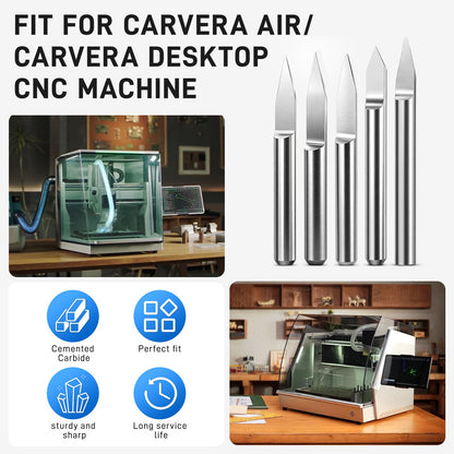 YIBEICO 5PCS CNC Wood Carving Router Bit Set for Carvera/Carvera Air Desktop CNC Machines,Suitable for CNC Machines, high Precision CNC Drilling Tools (Single Flute Engraving Bit)