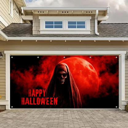 HOMETITUTE Halloween Garage Door Banner 13x6ft Grim Reaper Skeleton Blood Moon Decor Spooky Halloween Sign Horror Wall Cover Scary Door Backdrop Creepy Haunted House Outdoor