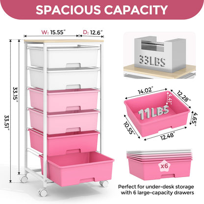 Rolling Storage Cart with 6 Drawers and Wooden Tabletop, Lockable Wheels Utility Cart for Art Studios, Office Supplies & Craft Room Organization (Pink)
