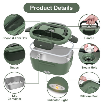 Vabaso Electric Lunch Box for Adults, 80W Heated Lunch Box Portable Food Warmer Lunch Box for Work/Men/Car/Truck with 1.5L 304 Stainless Steel Container Fork & Spoon, 110V/12V/24V