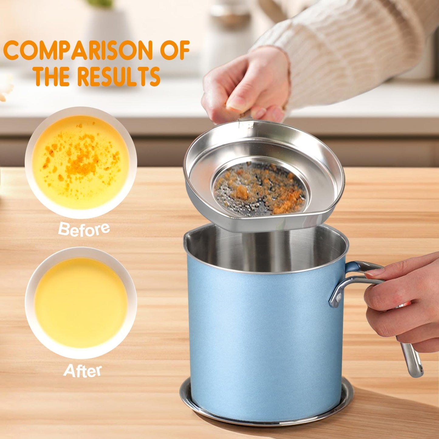 Chihee Grease Container Stainless Steel Bacon Grease Saver with Fine Mesh Strainer 2L / 67.6 fl oz Cooking Oil Keeper Stoarge Can with Dust-proof Lid Non-slip Tray for Kitchen Frying