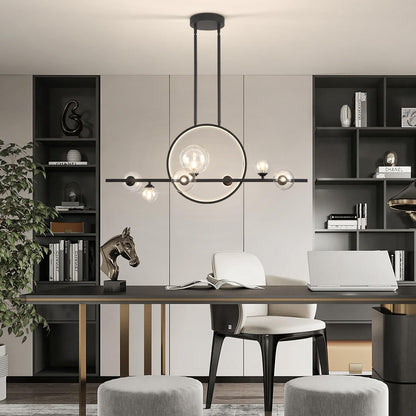 KELUOLY Modern 7 Light Dining Room Chandelier, 37.4" Black Dimmable Mid Century Linear Pendant Lights with Globe Glass Shade, Minimalist Island Light for Dining Room, Office, Kitchen