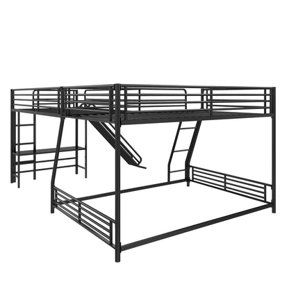 Merax L-Shaped Twin Over Full Bunk Bed with Twin Size Loft Bed, Black Metal Bunk Bed with Built-in Desk and Slide