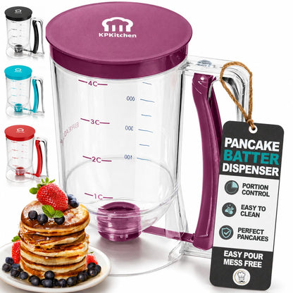 KPKitchen Pancake Batter Dispenser - Kitchen Must Have Tool for Perfect Pancakes, Cupcake, Waffle, Muffin Mix, Cake & Crepe - Baking Supplies for Griddle - Pancake Maker with Measuring Label (Purple)