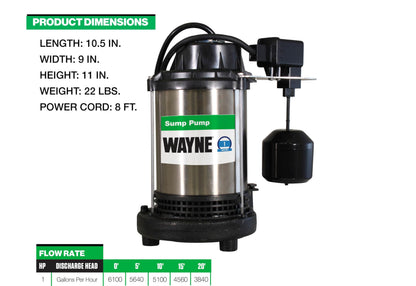 Wayne 1 HP Heavy Duty Submerisble Cast Iron and Stainless Steel Sump Pump with NEW Switch - Removes up to 6,100 Gallons of Water Per Hour