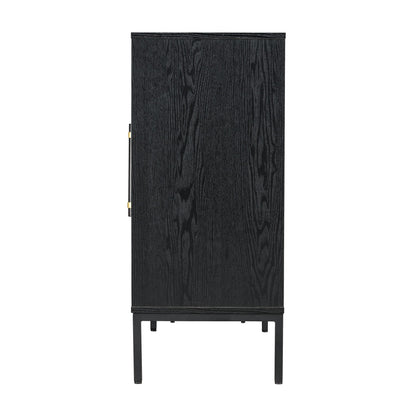 Hopper Studio Sophia 2-Door Accent Cabinet, Black Finish with Rattan Doors & Wood/Brass Handles, Adjustable Shelf, Aluminum Legs, Mid-Century Modern Storage for Luxury Living Room, Kitchen, Entryway