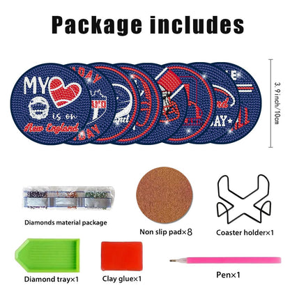 Bartogro 8 Pcs Diamond Painting Coaster Kits, DIY Football Diamond Art Coasters with Holder Sports Diamond Art Crafts Supplies for New England Design