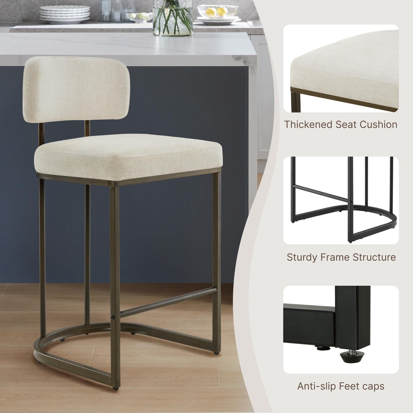 26" H Counter Height Bar Stools Set of 3, Modern Linen Fabric Upholstered Barstools with Backrest for Kitchen Island, Gold Metal Frames, Linen