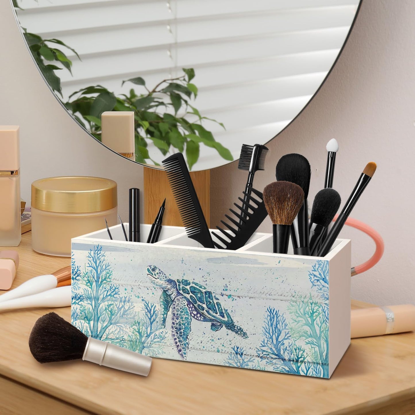 AQYIP Sea Turtle Coastal Pen Holder for Home Office Desk, Beach Office Decor, Beach Turtle Makeup Brush Toothbrush Holder Organizer for Bathroom Desk Accessories