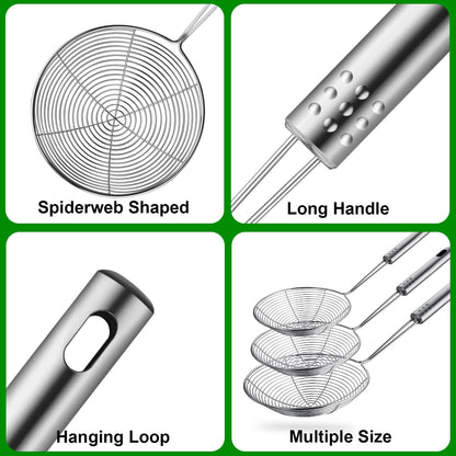 Swify Spider Strainer Set of 3 Asian Strainer Ladle Stainless Steel Wire Skimmer Spoon with Handle for Kitchen Frying Food, Pasta, Spaghetti, Noodle-30.5cm, 32cm, 35cm