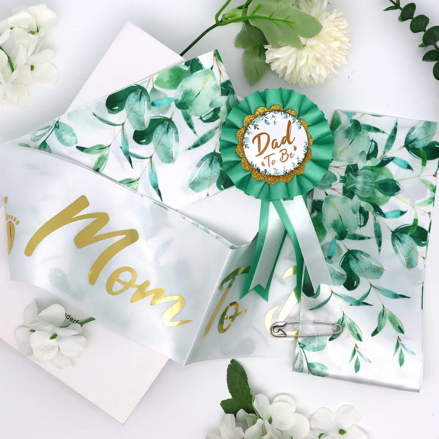 Neutral Sage Green Mom to Be Sash, Baby Shower Dad To Be Pin, Gold Glitter Letters Eucalyptus Leaves Satin Sash