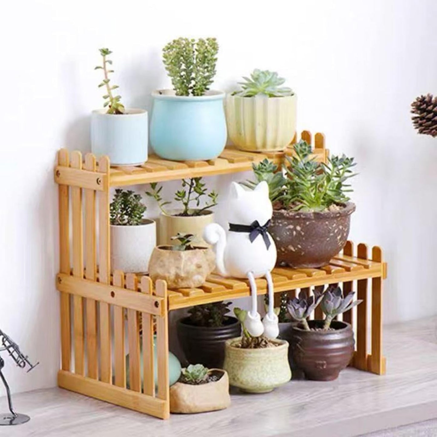 GURECOD 10.8" 2 (10.8" Tiers Bamboo Plant Stand Shelf,Desk Flower Pot Holder,Adjustable Desktop Shelf Display Organizer