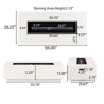 Christopher Knight Home Aidan Lightweight Concrete Outdoor Propane Fire Pit Table, 50,000 BTU Rectangular Fire Table for Patio Furniture Set (No Tank Holder), Fully Assembled Patio Fire Pit, White
