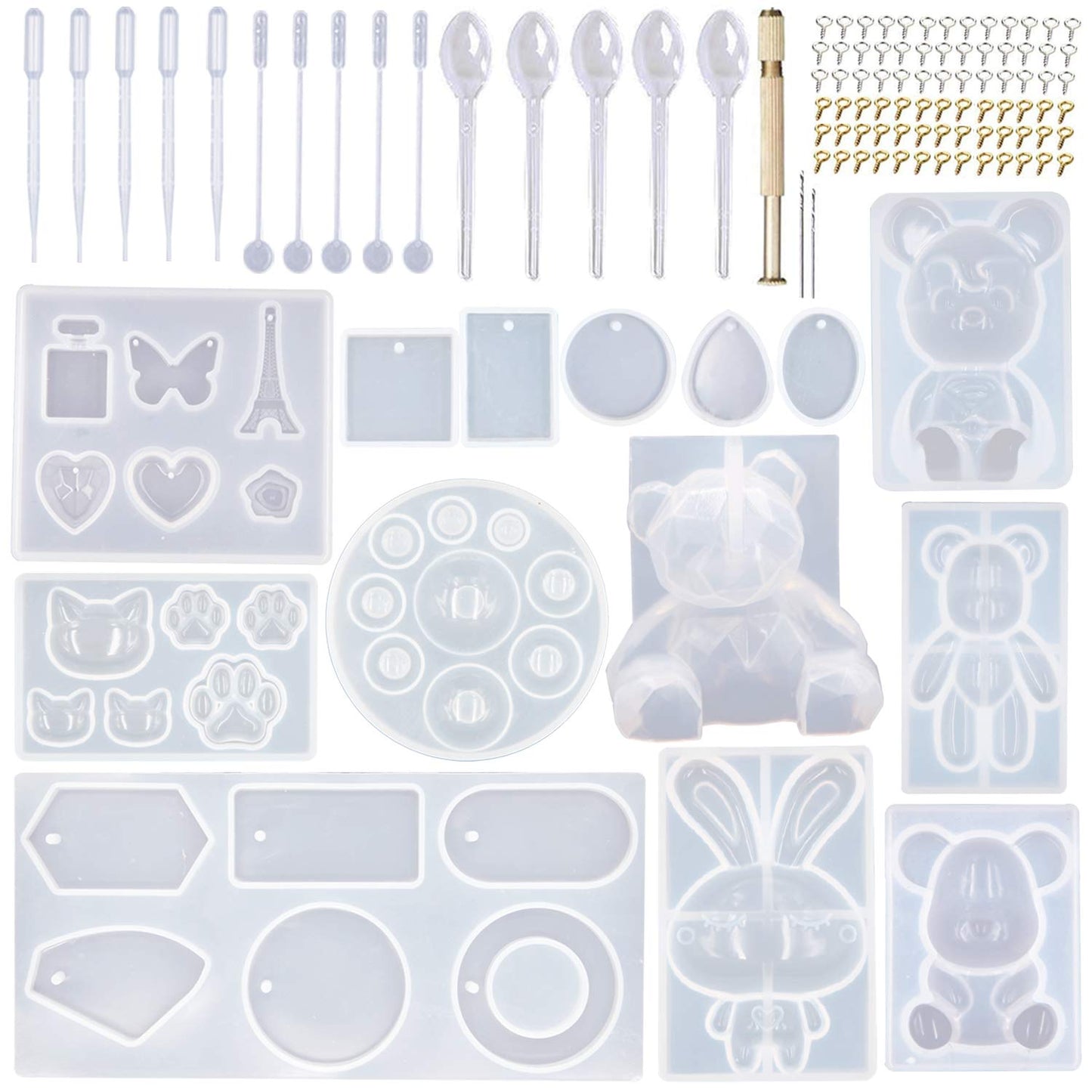 EuTengHao 132Pcs Animal Silicone Molds DIY Resin Casting Kit Contains 4 Bears 3D Bear Rabbit Cat Paw Mold Necklace Pendant Time Gem Eiffel Tower Jewelry Crystal