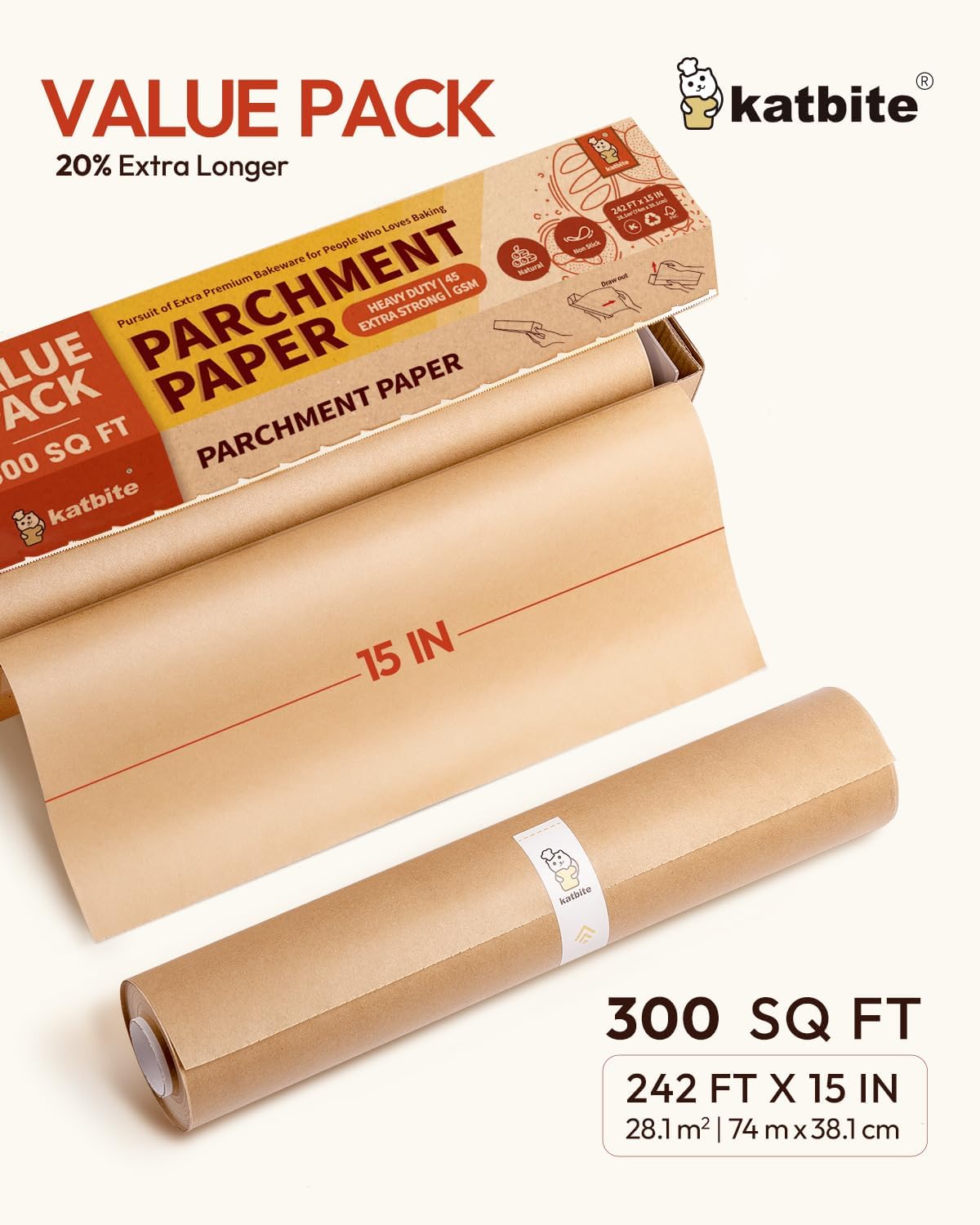 Katbite Unbleached Parchment Paper Roll, 15in x 242ft, Non-Stick with Serrated Cutter for Baking