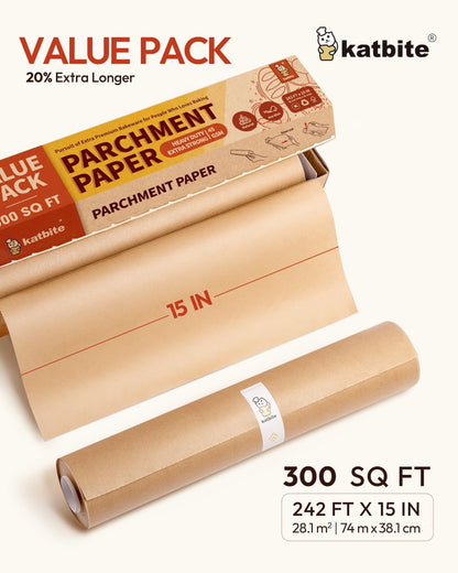 Katbite Unbleached Parchment Paper Roll, 15in x 242ft, Non-Stick with Serrated Cutter for Baking