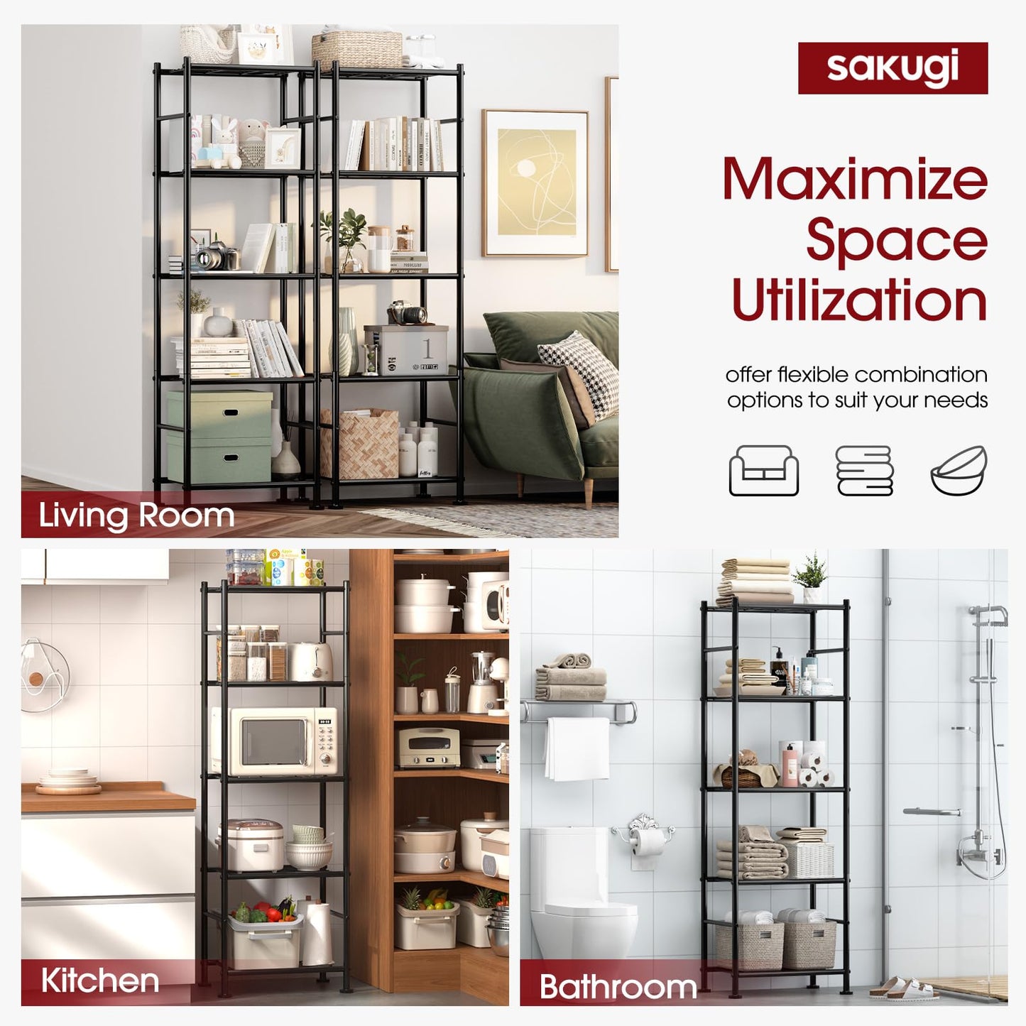 Sakugi Storage Shelves - Set of 2, 5-Tier Metal Shelf Organizer, Space-Saving Garage Shelving with Leveling Feet, Standing Shelves Organizer for Kitchen, Laundry, Pantry (18.4" x 12.6" x 57.4", Black)