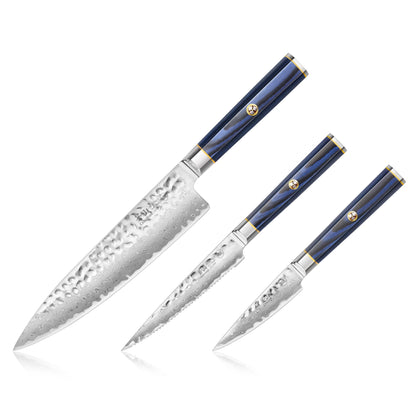 Cangshan KITA Series 3-Piece Starter Knife Set (8" Chef + Serr. Utility + 3.5" Paring) High Carbon X-7 Damascus Steel Blades with Ash Wood Box, 501530 (3pc)