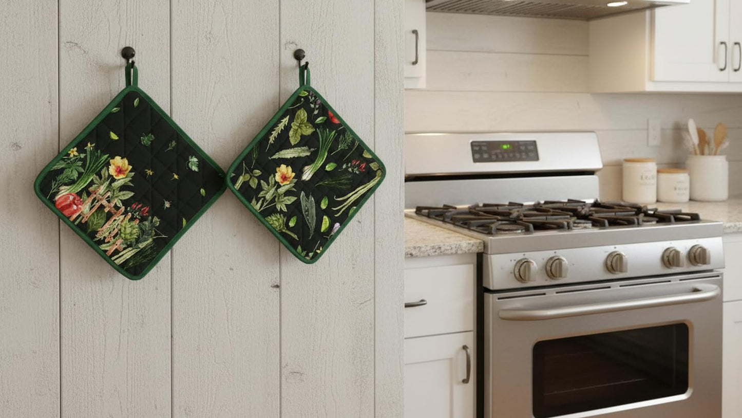 AMOUR INFINI Pot Holders Heat Resistant Cotton Set of 2 Nonslip 8"x8" Inch Hot Pads for Kitchen, BBQ, Baking & Cooking with Hanging Loops (My Garden)