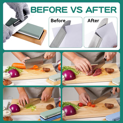 Whetstone Sharpening Stone Knife Sharpener Stone Set: 4 Side 8000|3000 1000|400 in Kitchen With Bamboo Base,Cut Resistant Gloves,Angle Guide,Honing Guide,Flattening Stone,Leather Strop,Rubber pad