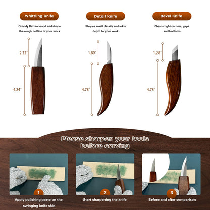 ZIHVIZU Woodcarving Tool Set,Including Whittling Knives, Practice Wood Blocks, Safety Gloves and a Sharpener. The Knives are Sharp and Durable,Specially Designed for DIY woodcarving Beginners