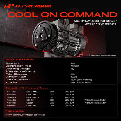 A-Premium Air Conditioner AC Compressor with Clutch Compatible with Mercedes GLE43 AMG GLS450 GLS550 GLS63 AMG, GLE63 AMG 2016-2019, 7 Grooves, 7SES17C Style