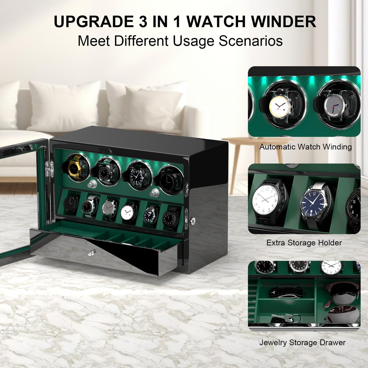 DUKWIN Watch Winder for 4 Automatic Watches,Lockable Watch Winders with Watch and Jewelry Storages, Super Quiet Mabuchi Motor with High-Gloss Piano Lacquer Finish,Built-in Illumination-Green