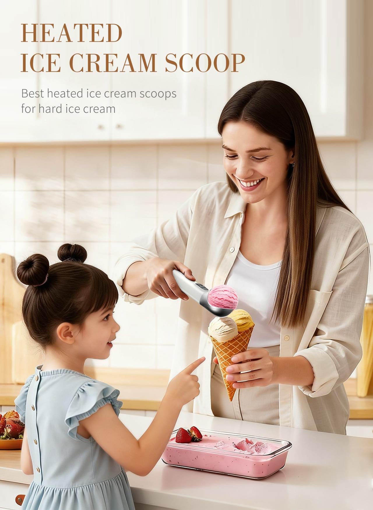 Heated Ice Cream Scoop Rechargeable, 5000mAh Battery Electric Ice Cream Scoop for Hard Icecream and More with LED Display, Self-Warming Heats To 158℉, IP67 Waterproof, Ideal Kitchen Gifts (White)