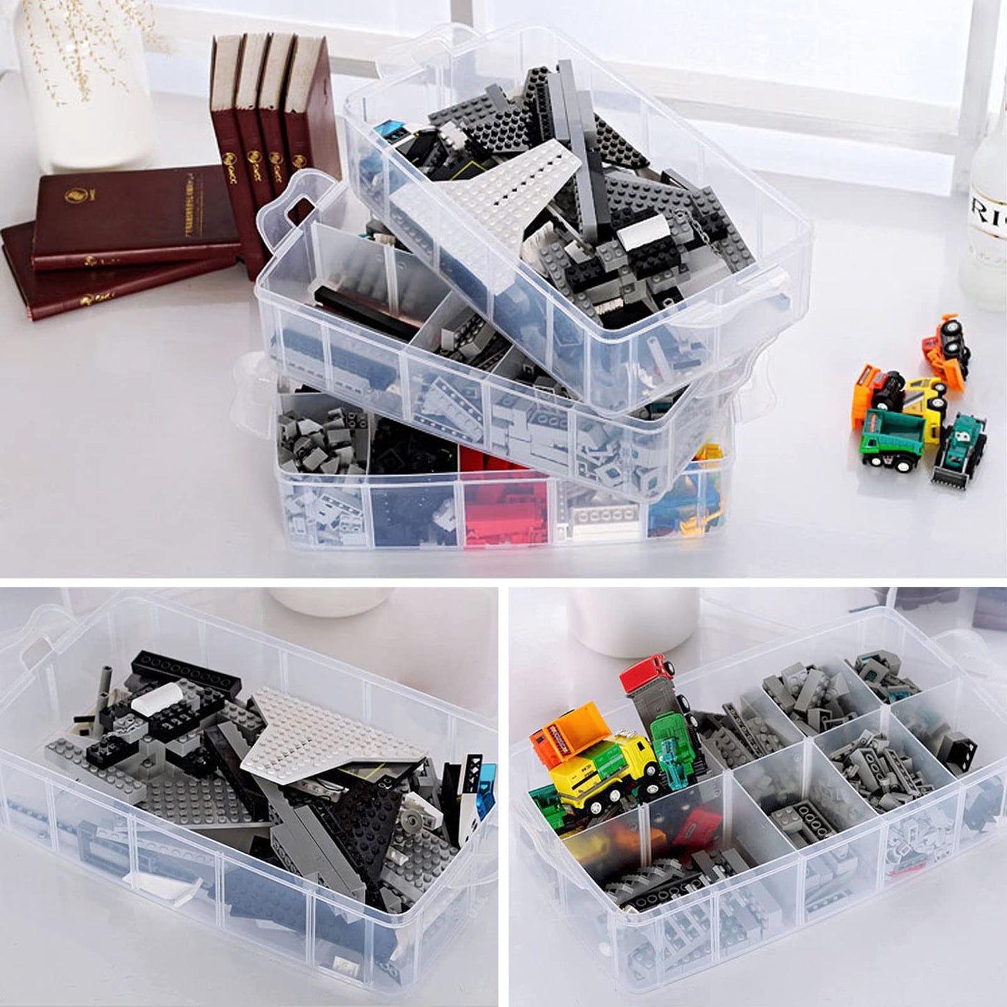 Guyuyii 3-Tier Stackable Bead Organizer with Adjustable Dividers - 30 Compartments Plastic Storage Box for Washi Tape, Lego Pieces, Rock Collection & Sewing Threads - Portable Craft Case with Handle