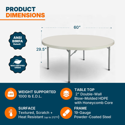 OEF Furnishings OEFBT60R Round Commercial-Grade Premium Industrial Folding Table, Heavy-Duty Blow-Molded Design with Thick Top and 17-Gauge Steel Frame (60" Diameter, Speckled Gray Top)