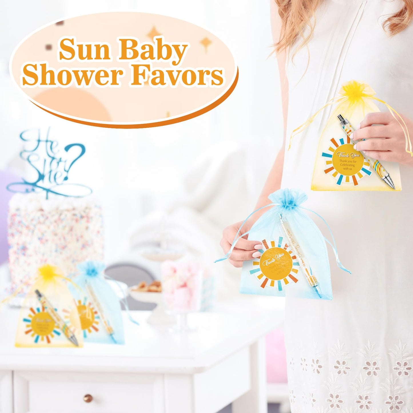JarThenaAMCS 72Pcs Sun Baby Shower Favor Gifts for Guests Boho Sun Retractable Ballpoint Pens Organza Bags Greeting Cards for Birthday Gender Reveal Souvenirs Prizes