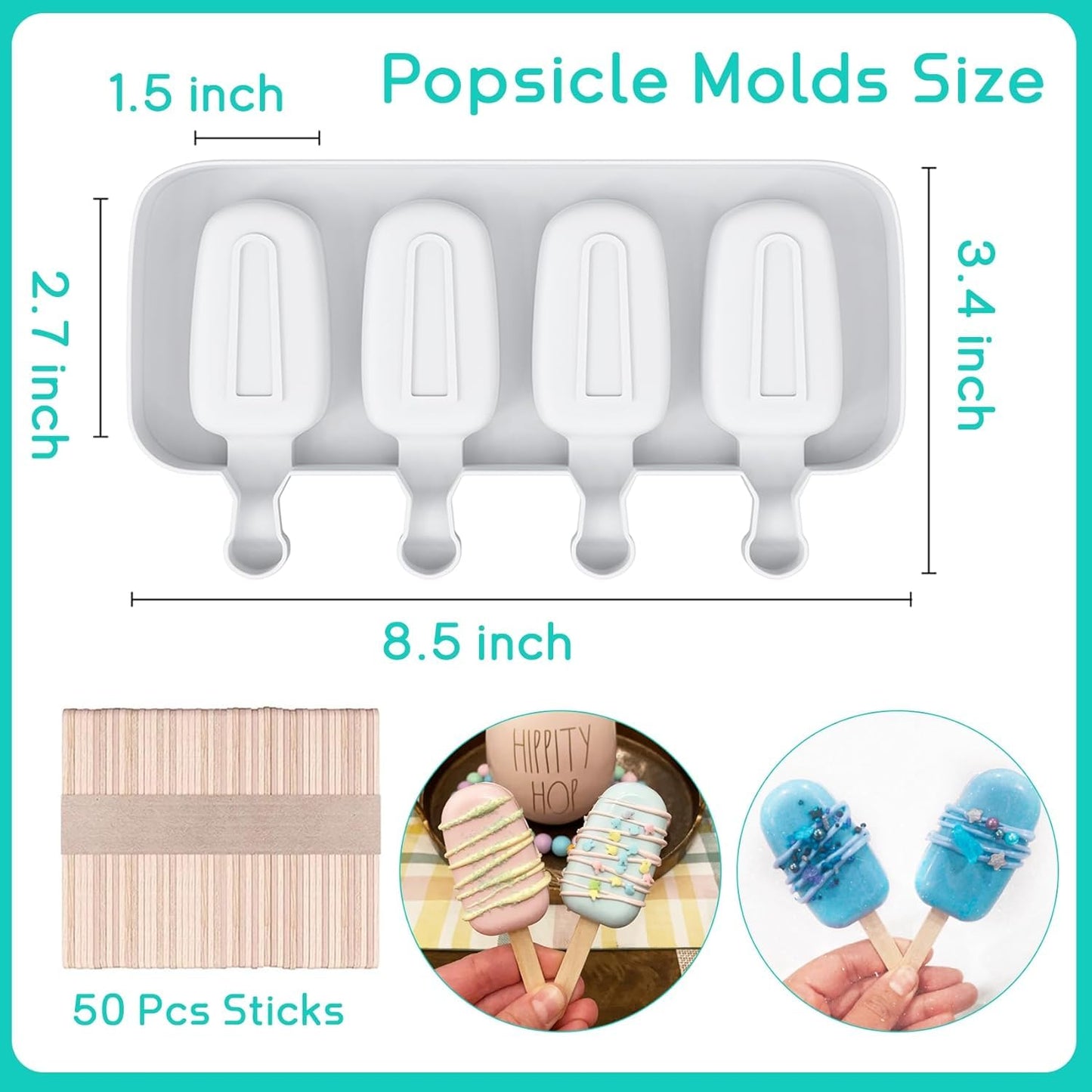Ouddy Life Popsicle Molds Set of 2, Ice Pop Molds Silicone 4 Cavities Ice Cream Oval Cake Pop Mold with 50 Wooden Sticks for DIY Popsicle, Clear