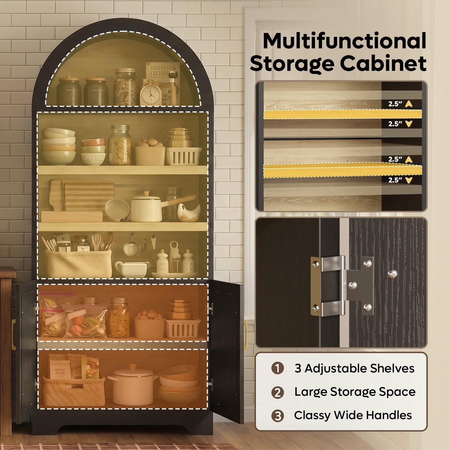 Bestier 71" Tall Arched Kitchen Pantry, Arched Cabinet with Doors, Modern Farmhouse Wood Kitchen Storage Cabinets with 3-Tier Adjustable Shelves for Living Room, Dining Room, Ktichen, Black