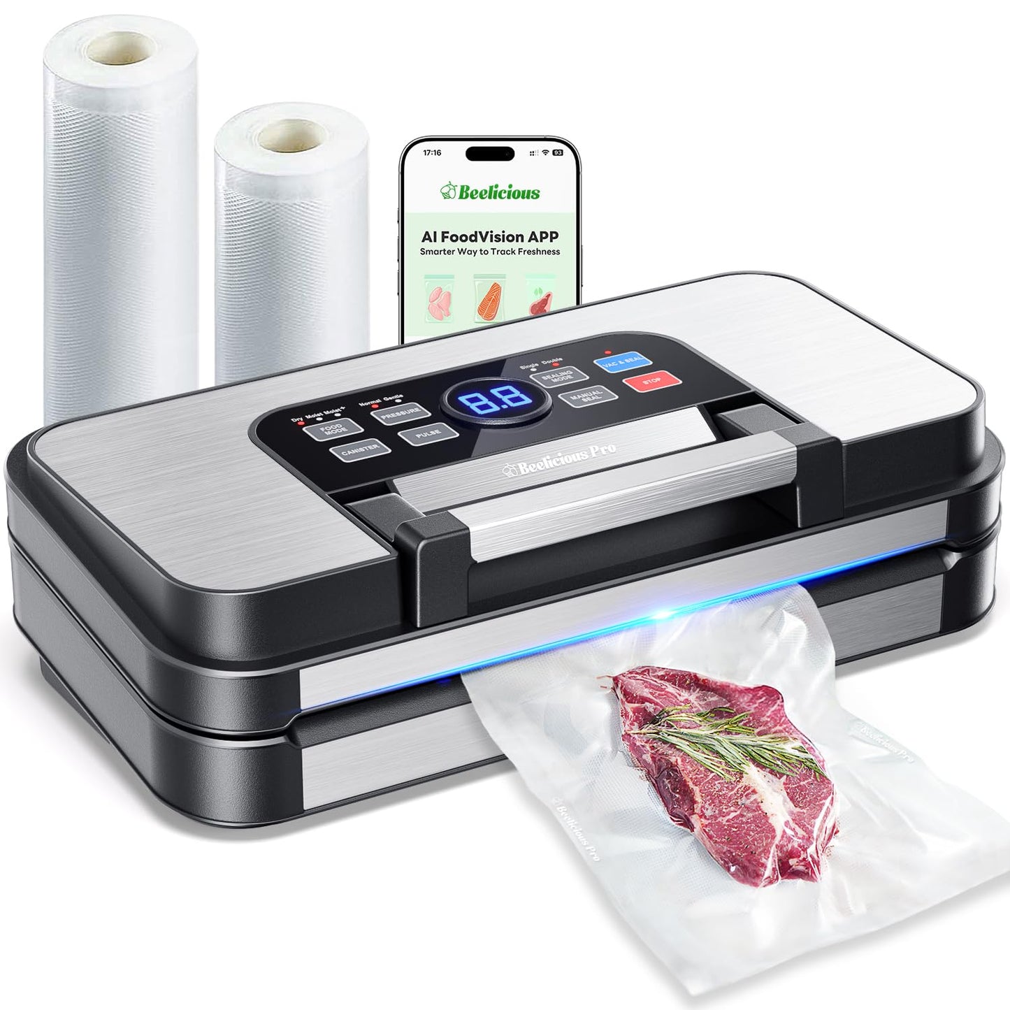 95Kpa Precision Pro Vacuum Sealer, with Double Heat Seal & Dual-Pump for Dry/Moist Food, 2X Strength, Food Vacuum Sealer Machine with Easy-Lock Handle, Built-in Cutter & Bag Storage, Stainless Steel