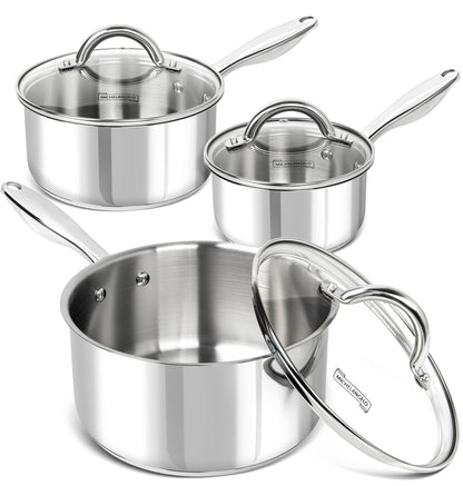MICHELANGELO Saucepan Set 6pc, 18/10 Stainless Steel Sauce Pan with Lid, Tri-Ply Bottom Sauce Pot Set, Nonstick Saucepan, Induction Compatible, 1QT & 2QT &3QT
