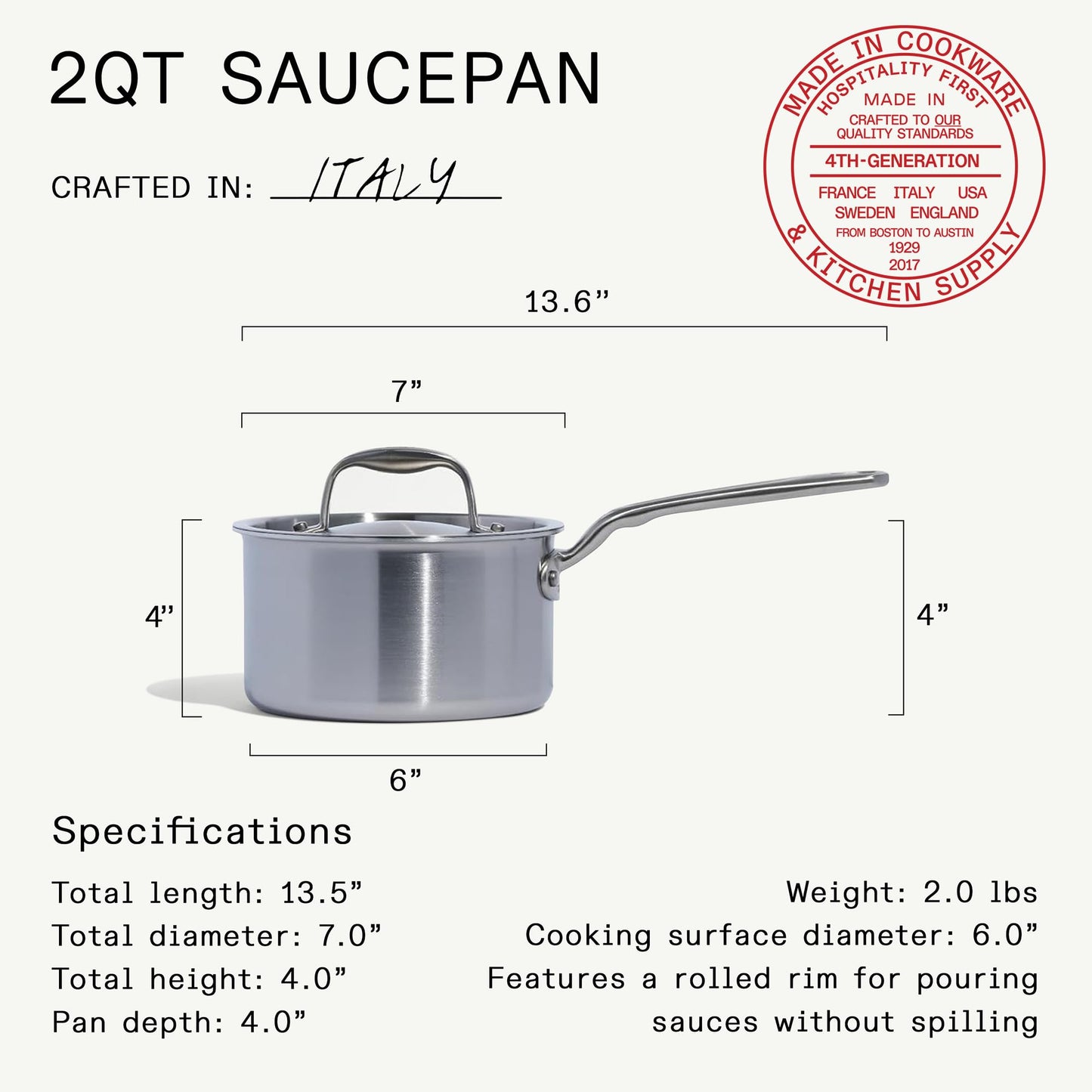 Made In Cookware - 2 Quart Stainless Steel Saucepan with Lid - 5 Ply Stainless Clad Sauce Pan - Professional Cookware - Crafted in Italy - Induction Compatible