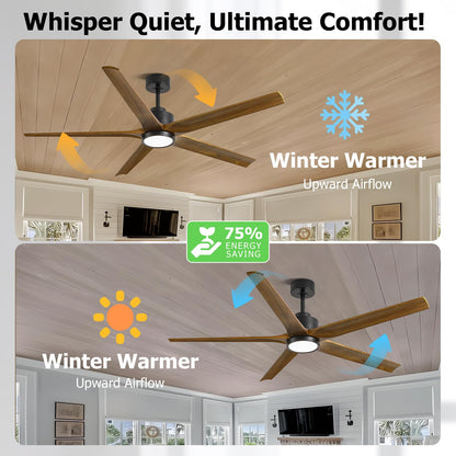 60 Inch Ceiling Fan with Lights, Outdoor Wood Silent Ceiling Fans, Modern High CFM Farmhouse Ceiling Fans, Quiet Reversible DC Motor, 5 Blades 6 Speed for Bedroom Living Room Exterior Patios