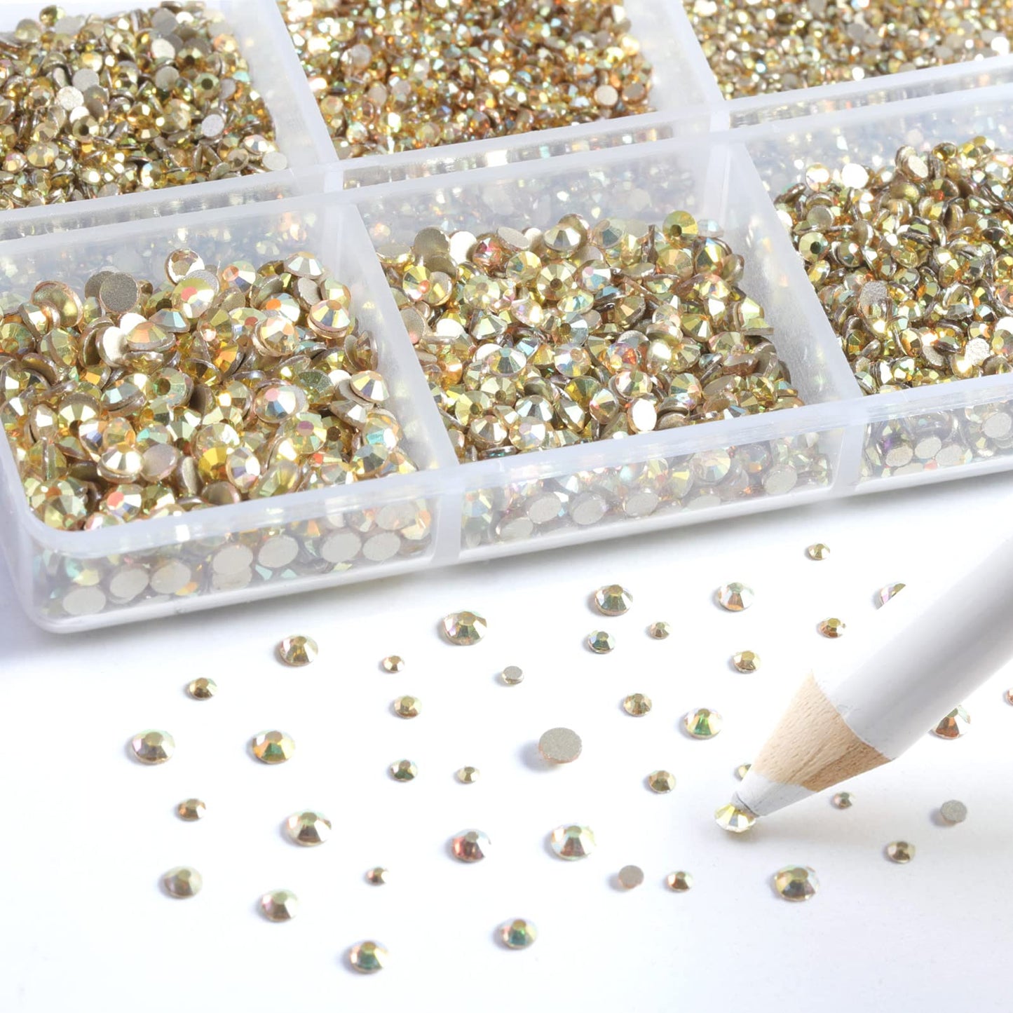 Beadsland 7200pcs Flatback Rhinestones,Gold Rhinestone Nail Gems Round Crystal Rhinestones for Crafts,Mixed 6 Sizes with Wax Pencil Kit, SS3-SS10,Metal Sunlight