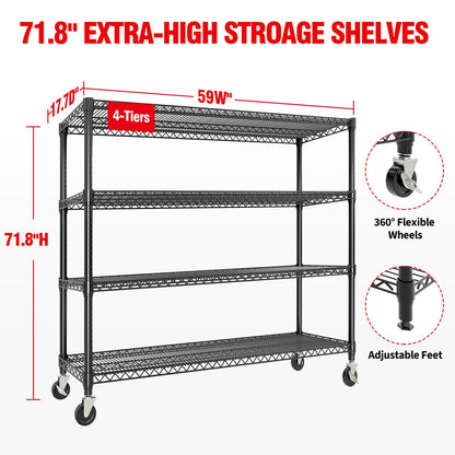 59"W Storage Shelves 2640LBS Heavy Duty Garage Shelving Units with Wheels, 4-Tiers Wire Shelving Rack Metal Storage Shelves with Adjustable Shelf, for Garage Pantry Kitchen Commercial Industrial