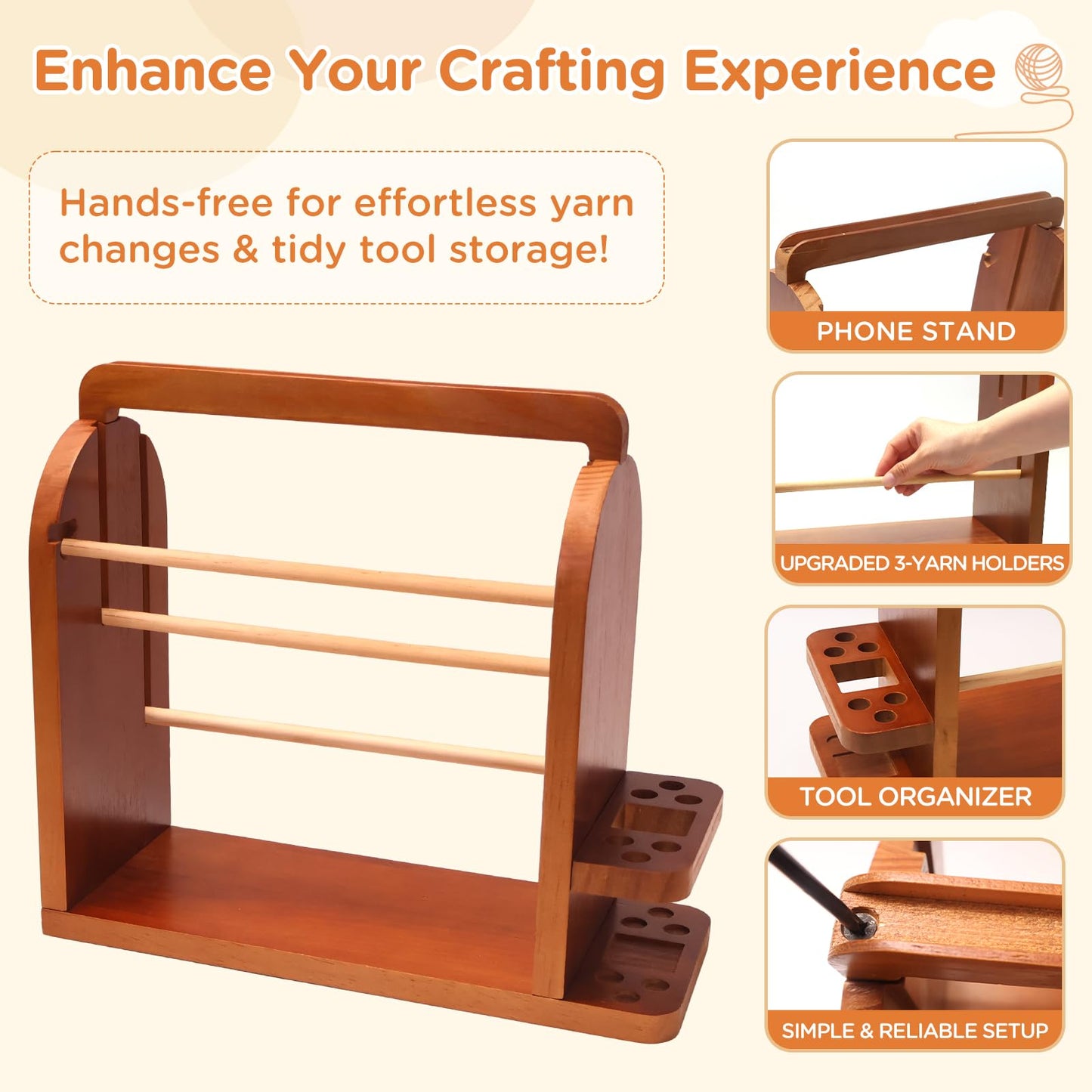 Upgraded Yarn Holder for Knitting and Crocheting, Wooden Yarn Storage Organizer with Tangle-Free 3 Rods, Phone Stand & Tool Holder, Works with Skein, Cake, Ball, Crochet Gift for Knitting Lovers