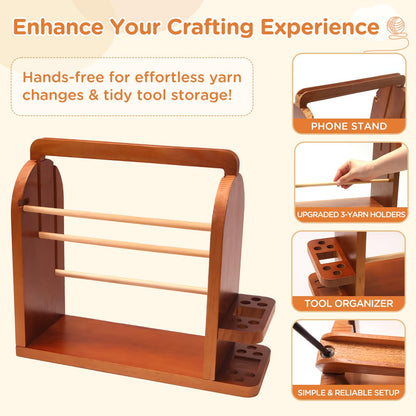 Upgraded Yarn Holder for Knitting and Crocheting, Wooden Yarn Storage Organizer with Tangle-Free 3 Rods, Phone Stand & Tool Holder, Works with Skein, Cake, Ball, Crochet Gift for Knitting Lovers