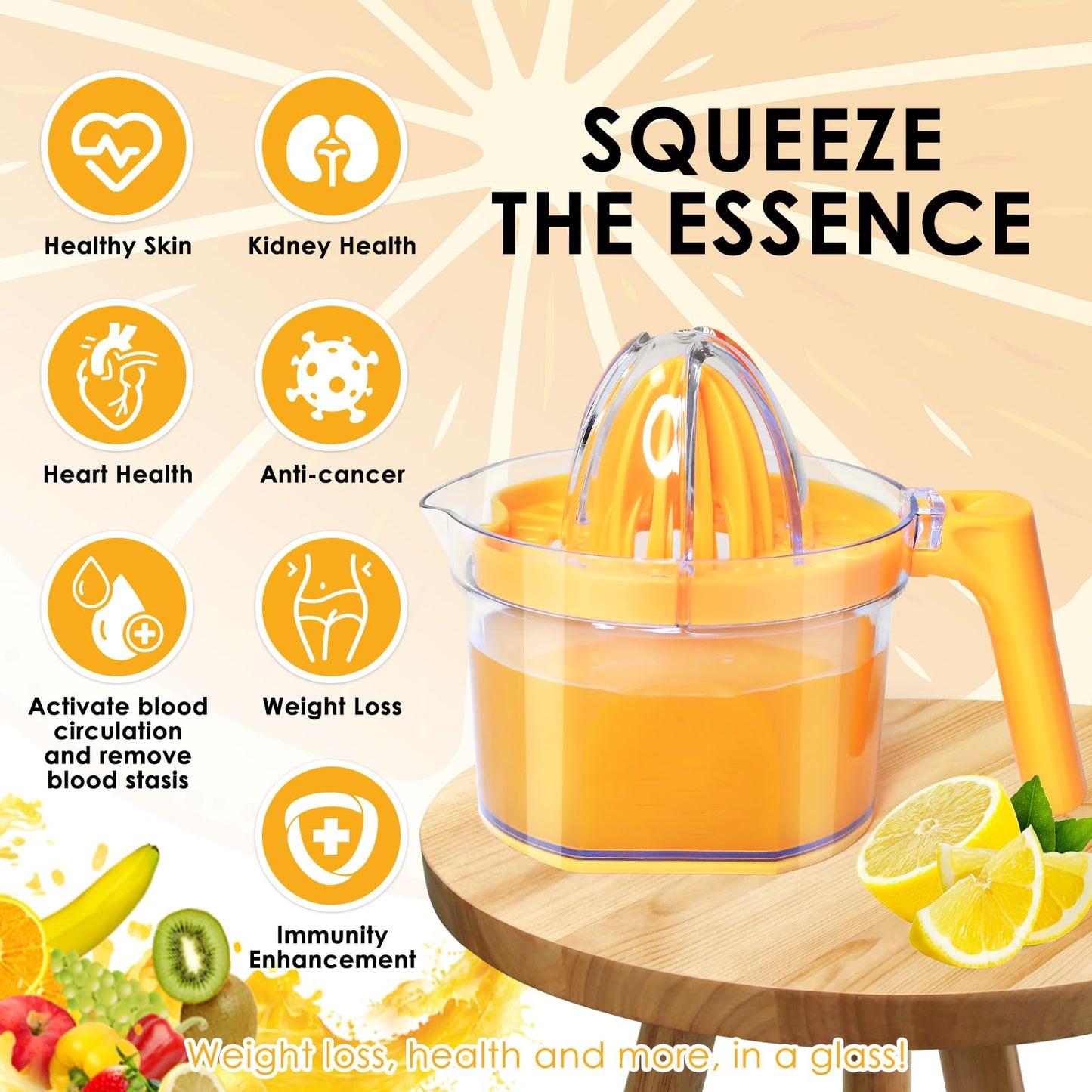 Lemon Squeezer 4-in-1 Lemon Hand Juicer - ChefVille Manual Orange Juicer Multifunctional Lemons Lime Squeezer, Citrus Juicers Press Fruit with Detachable Comfortable Handle, 16.9oz Capacity (ORANGE)