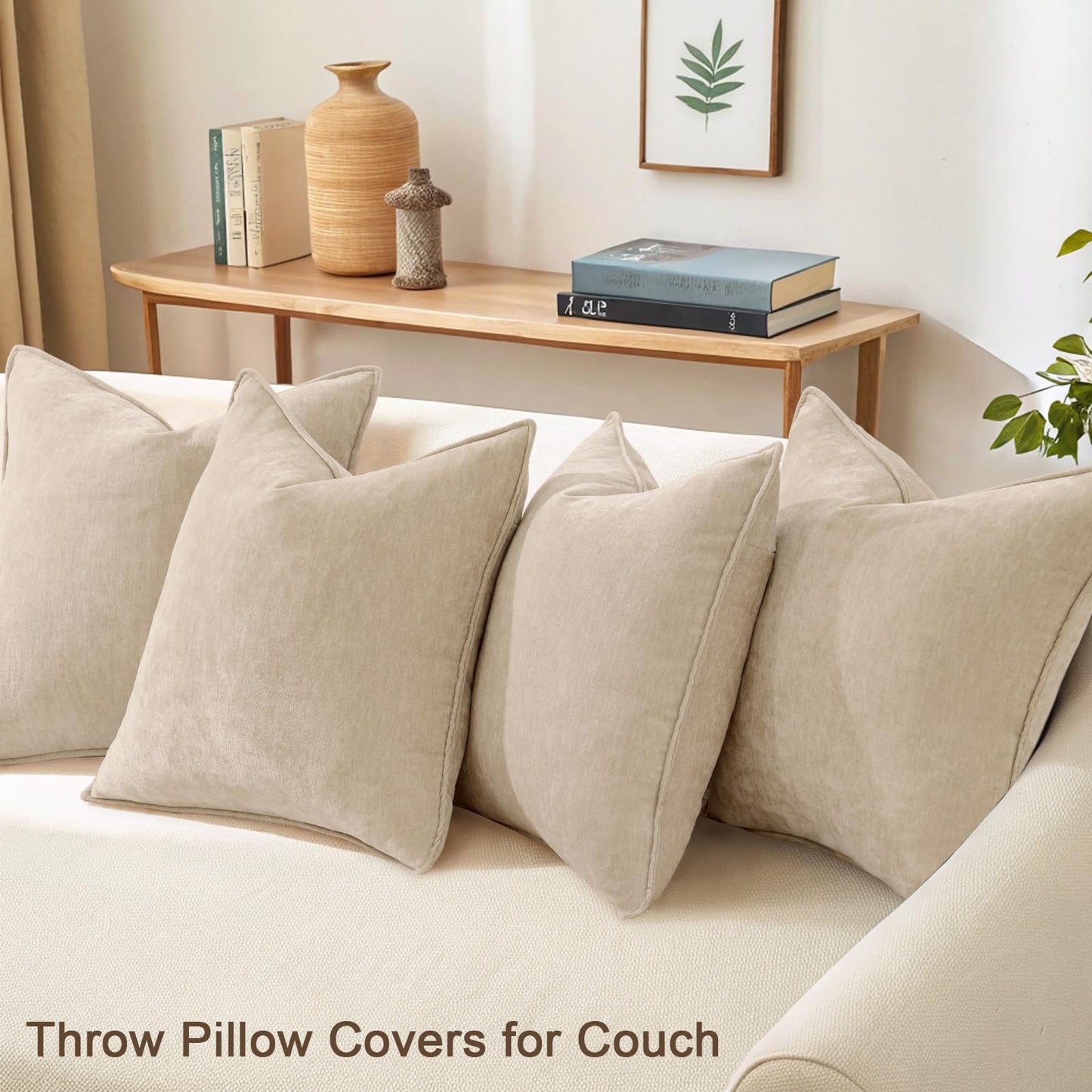 decorUhome Summer Set of 4 Beige Couch Throw Pillow Covers 18x18, Decorative Soft Neutral Chenille Pillow Covers with Elegant Design for Living Room Bed Sofa