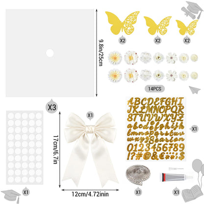 Vicenpal 29 Pcs Graduation Cap Decorations Kit DIY Grad Construction Paper with Artificial Flower Pearl Rhinestone Ribbon 3D Butterfly Alphabet Letter Stickers Satin Bow for Grad Cap DIY(Cream)
