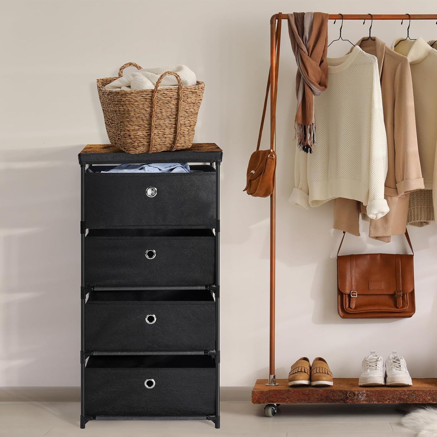 MOOACE Fabric Storage Dresser with 4 Drawers, Clothes Organizer and Storage Tower, Black