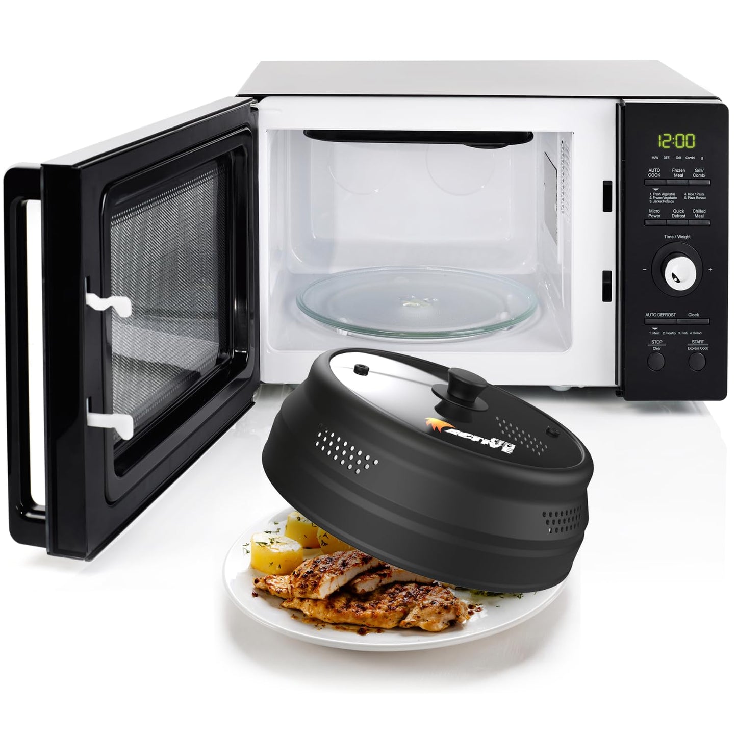 Collapsible Microwave Cover for Food - Silicone and Glass Splatter Guard Lid for 6-12 inch Plates & Bowls, Dishwasher Safe, Heat Resistant, BPA-Free, Black